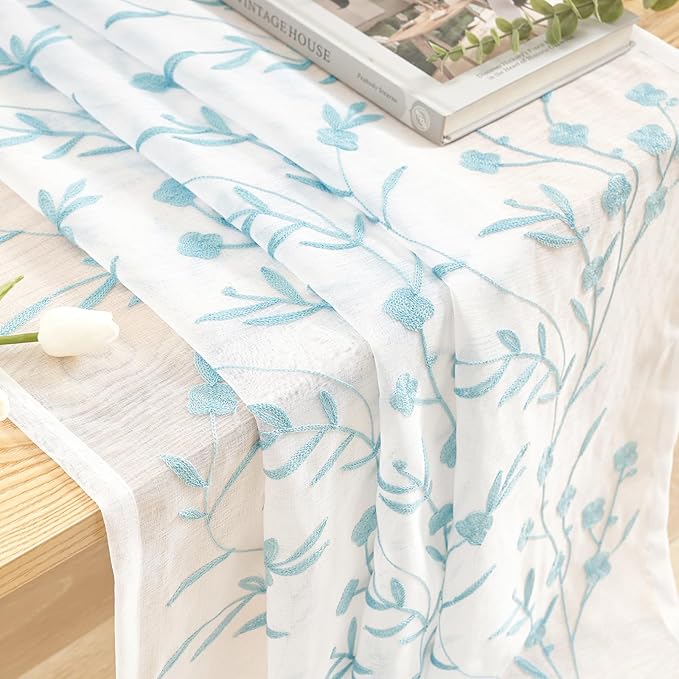Sheer Curtains White-Blue Embroidery 63 Inch Length Rod Pocket Voile Drapes for Living room, Bedroom, Window Treatments Semi Flower Pattern Curtain Panels for Yard, Farmhouse, Set of 2, 52"x 63".
