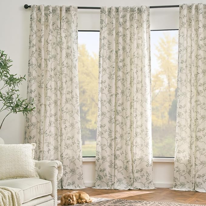 Grey Floral Linen Lined Curtains Rod Pocket 50W X 96L 2 Panels | Charlotte - Image 7