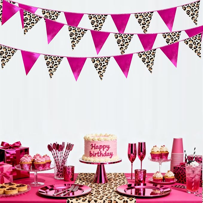 Hot Pink Leopard Print Pennant Banner Flag Hanging Paper Triangle Bunting - Image 5