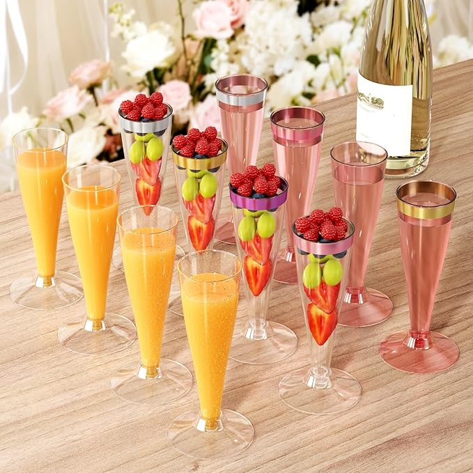 40 Pack Champagne Flutes Plastic Wine Glasses Disposable, 4.5 Oz Gold Rim Mimosa Glasses for 2025 Wedding Birthday Party Supplies, Bulk Toasting Cocktail Cups