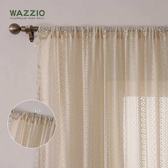 WAZZIO Boho Lace Curtains 102 Inch 2 Panel, Light Filtering Privacy Tassel & - Image 7