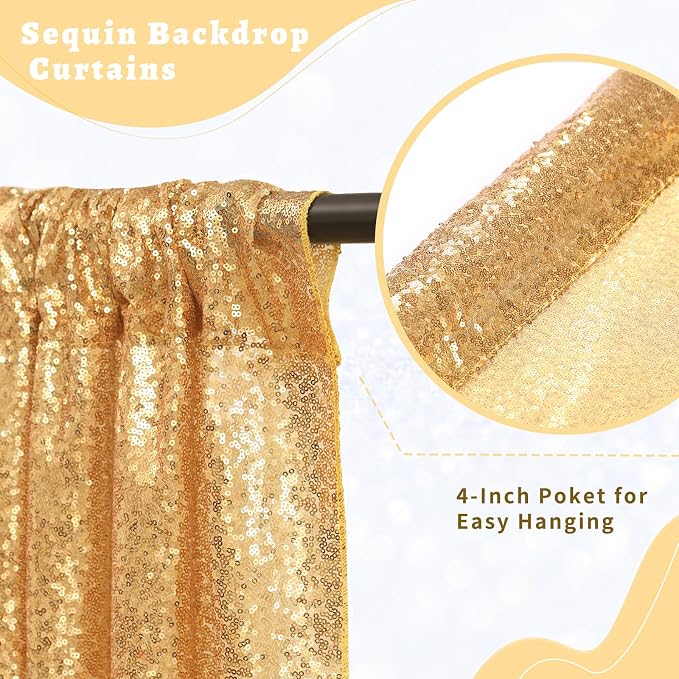 Gold Sequin Backdrop Curtains 2 Pcs 5ftx8ft Sparkle Backdrop Drapes | Glitter - Image 2