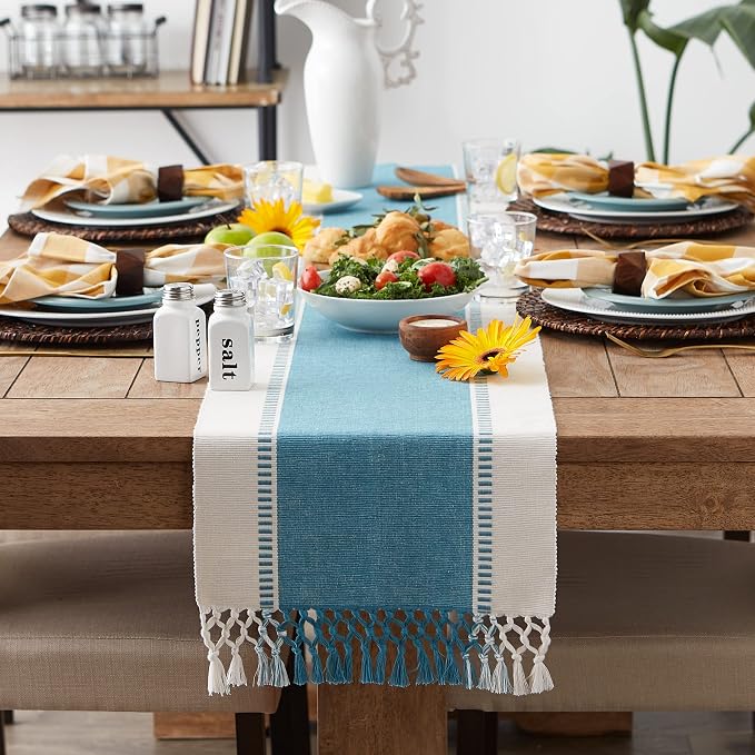 DII Dobby Stripe Table Runner, 13x72 Storm Blue & Cream Background | Woven - Image 4