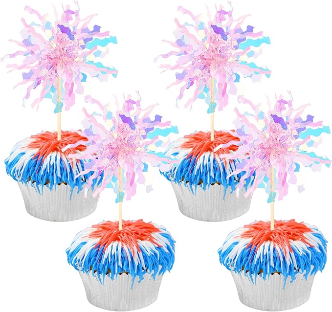 30 PCS Foil Firework Cupcake Toppers Sparkle Tinsel Cupcake Picks Happy by ZHUOWEISM