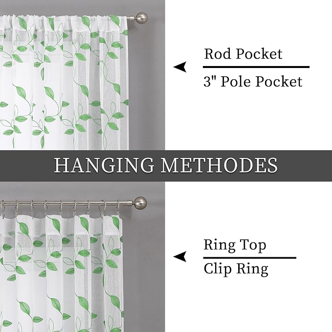 Tollpiz Green Leaf Sheer Curtain Bedroom 54 x 95 Inches | Leaves Embroidered - Image 5