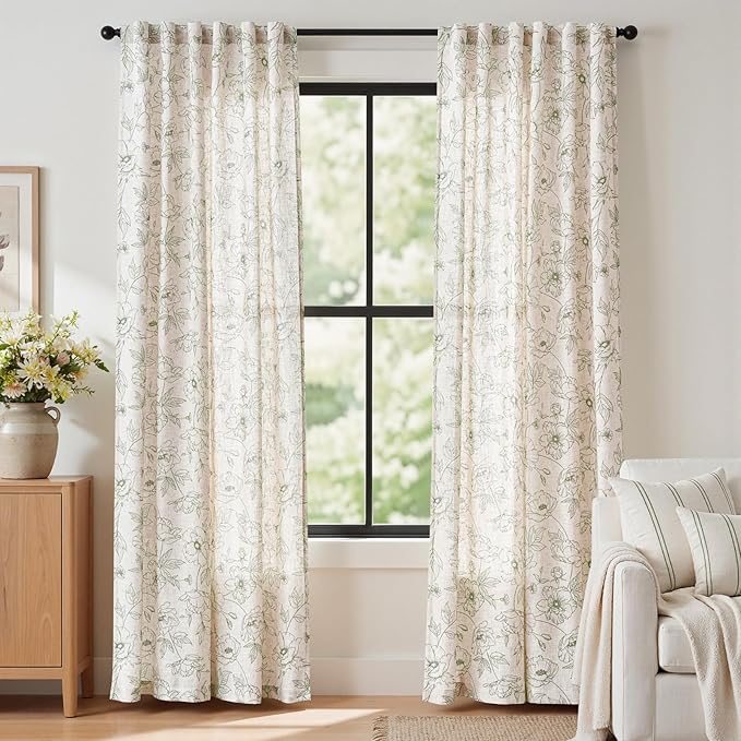jinchan Floral Linen Curtains for Living Room 84 Inch Length Green Flower by JINCHAN