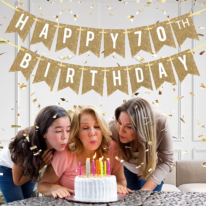 Netnology Pre-Strung Gold Glitter 70th Happy Birthday Banner Decorations | 12 - Image 5