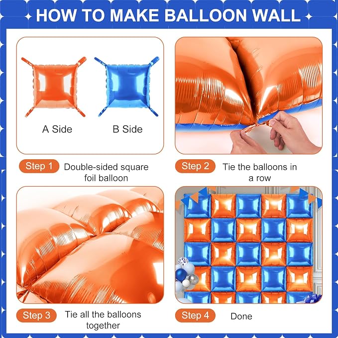 Orange and Blue Square Foil Balloons 25 Pcs Metallic Orange and Blue Balloons - Image 3