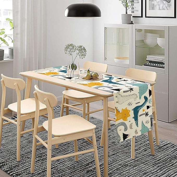 Cartoon Dinosaur Table Runner,Kids Boys Cute Various Dino Moutain Modern Abstract Print Tablecloth Burlap for Hotel Indoors Outdoor Dining Room Kitchen Holiday Party, 13x70in