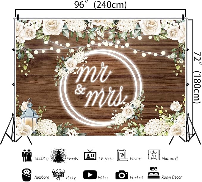 Mr and Mrs Wedding Backdrop Decorations 8x6Ft | White Rose Floral Wooden - Image 5