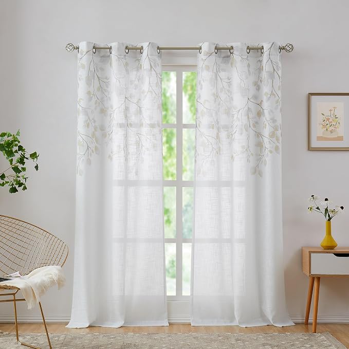 Yellow Leaf Floral Print Metallic Sheer Curtain by CentralPark