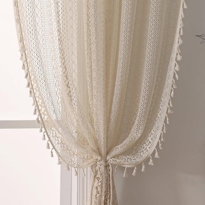 WAZZIO Boho Lace Curtains 102 Inch 2 Panel, Light Filtering Privacy Tassel & by WAZZIO