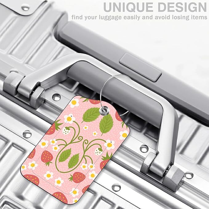 2 Pack Luggage Tags for Suitcases Strawberry and Flowers Leather Luggage Tags Privacy Cover ID Label with Stainless Steel Loop and Address Card for Women Men Travel Bag Backpack