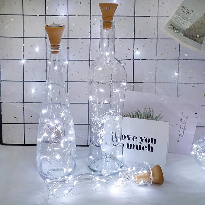 Upgraded 8 Pack Solar Wine Bottle Lights, 20LED Silver Wire Cork Lights Waterproof Fairy Lights for Liquor Bottles Crafts Party Wedding Halloween Christmas Decor(Cold White)