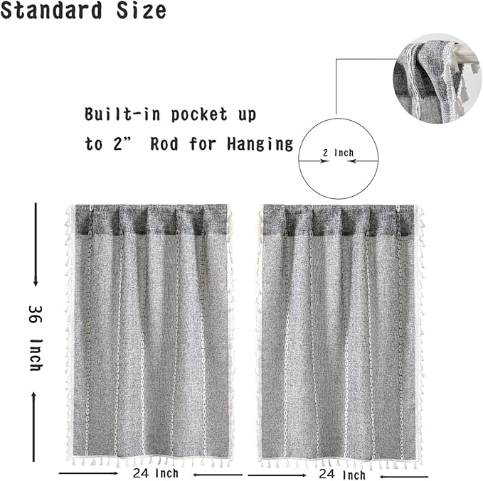 RoomTalks Dark Gray Boho Farmhouse Kitchen Curtains 36 Inch Length French - Image 4