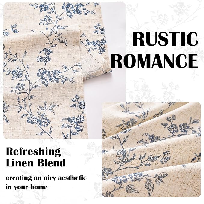Blue Vintage Floral Linen Curtains Farmhouse 50W X 63L 2 Panels | Elisa Series - Image 4