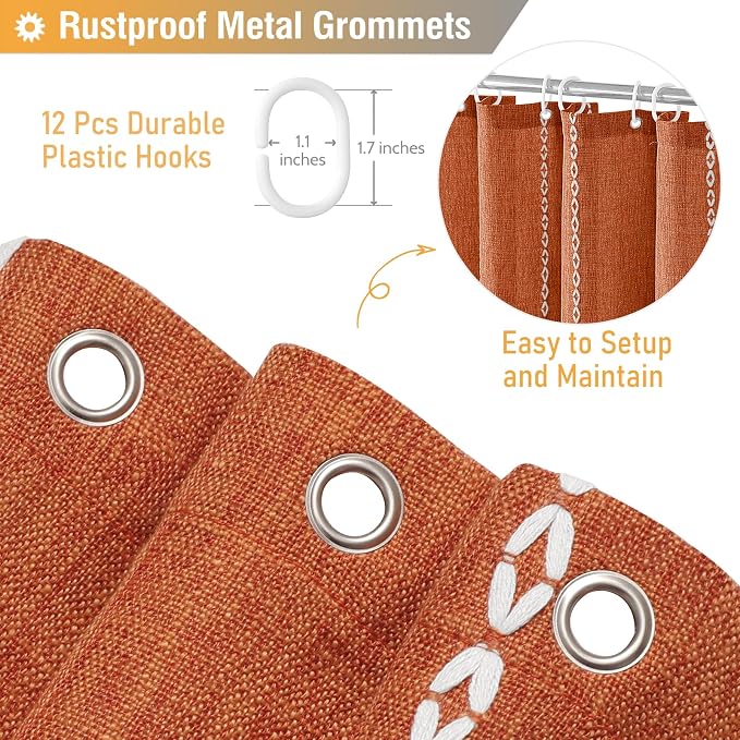 Burnt Orange Boho Farmhouse Linen Heavy Duty Shower Curtain Set, 72x72 | 330GSM - Image 5