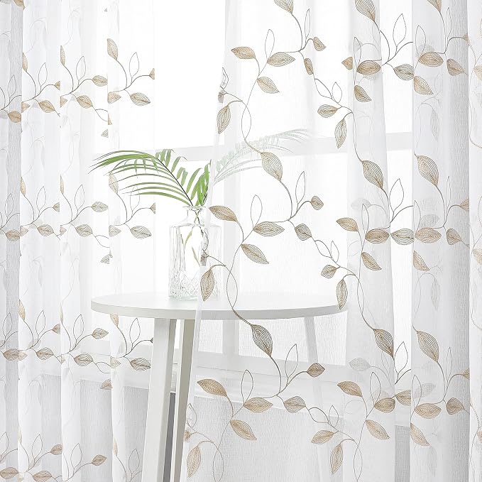 Tollpiz Taupe Leaf Sheer Tier Curtain Kitchen 30 x 36 Inches | Leaves - Image 2