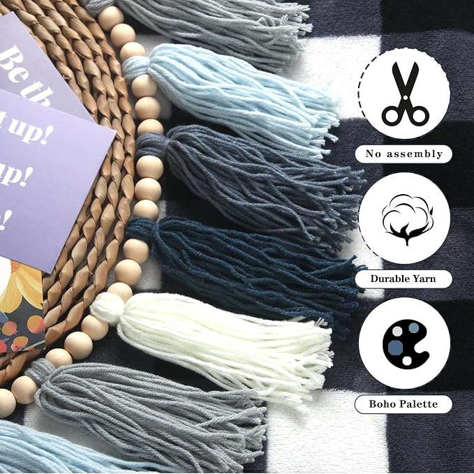 Dusty Blue Yarn Tassel Garland Wall Hanging Decor Coastal Boho Tassels Bunting - Image 6