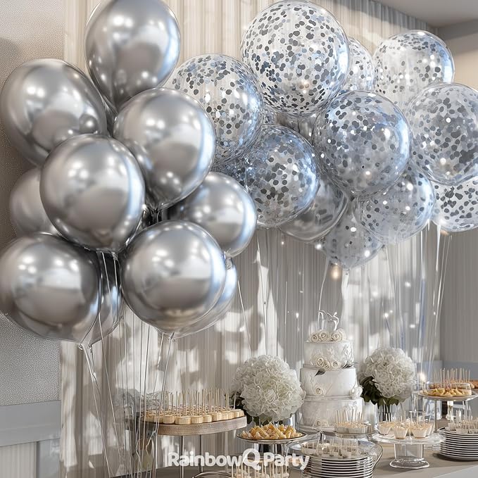 RainbowQ Metallic Silver Balloons 55Pcs 12 Inch Confetti Helium | Chrome Silver - Image 2