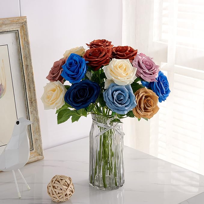 Artificial Rose 10pcs Open Flower Bouquet Faux Rose Stems for Wedding Arrangement, Bridal Bouquet, Centerpiece, Fake Faux Silk Flowers (Ivory)