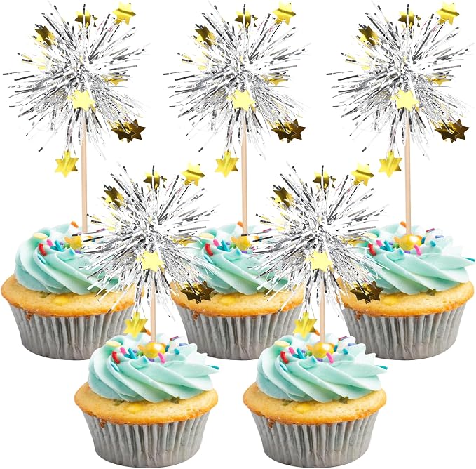 30 PCS Foil Firework Cupcake Toppers Happy Birthday Star Cupcake Picks Sparkle by ZHUOWEISM