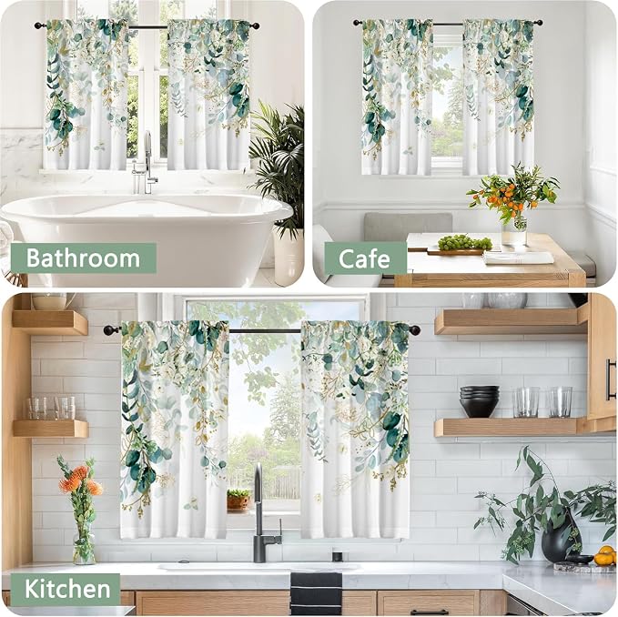 Green Eucalyptus Leaves Kitchen Curtains Elegant Wild Flower Curtains 39 Inches - Image 4