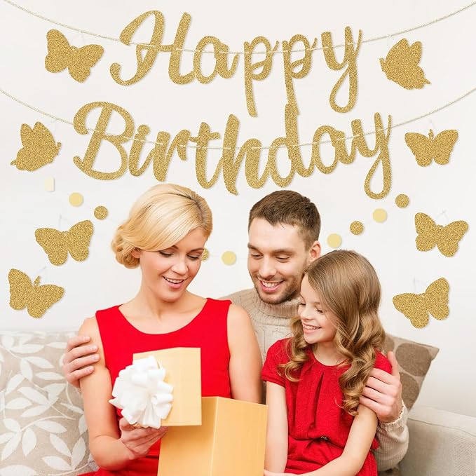 Pre-Strung Happy Birthday Banner, NO DIY Party Decorations | Glitter Gold - Image 7