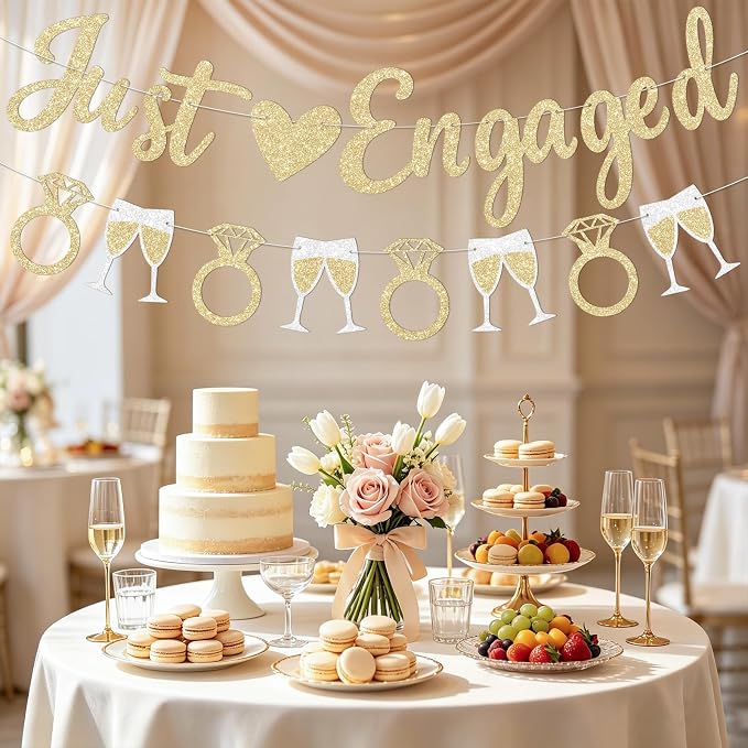 Champagne Gold Just Engaged Banner Prestrung Engagement Party Decorations Happy - Image 5