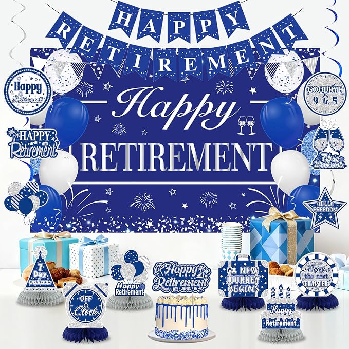 Retirement Party Decorations for Men Women Blue Silver Happy Retirement Banner - Image 6