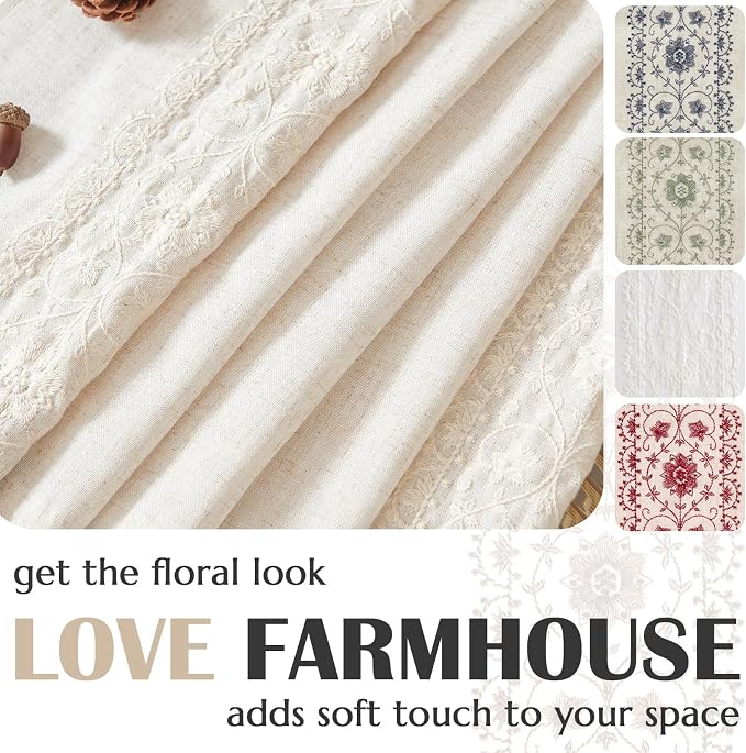 jinchan Floral Linen Curtains Embroidered Back Tab 50x90in 2 Panels Ivory | - Image 5