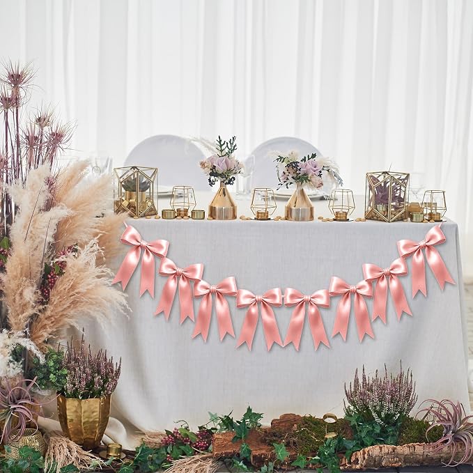 1 String of 8PCS Rose Pink Bow Garland Banner Decoration, Pre-Strung Satin - Image 4