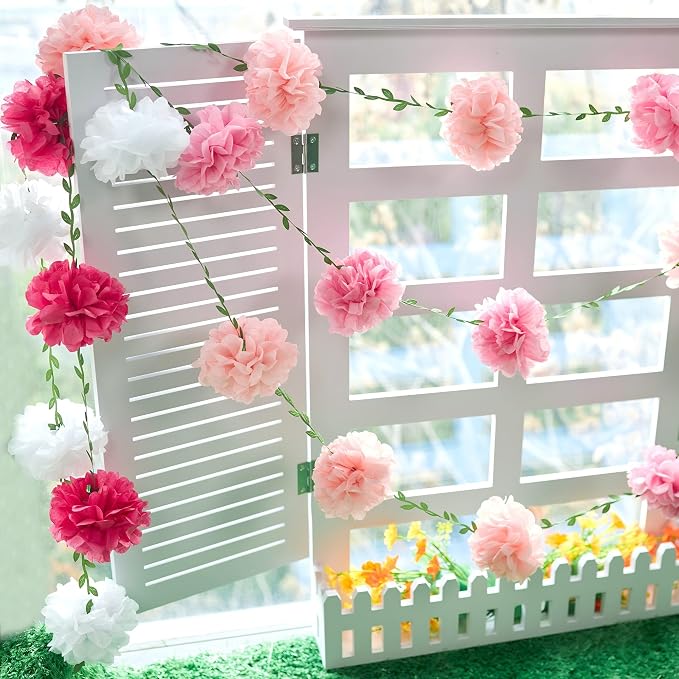 Gradient Pink Tissue Paper Pom Pom Garlands, Paper Flowers - Image 4