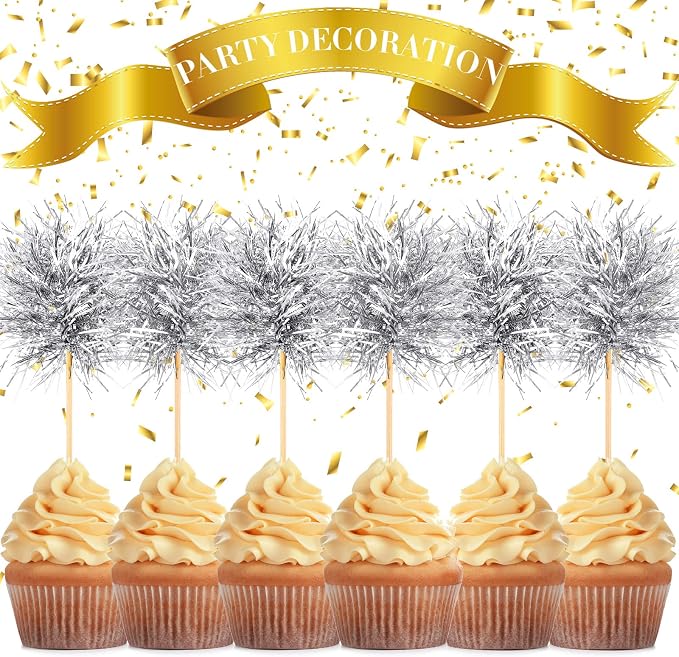 Chinco 100 Pcs Silver Foil Firework Cupcake Toppers New Year Sparkle Tinsel - Image 3