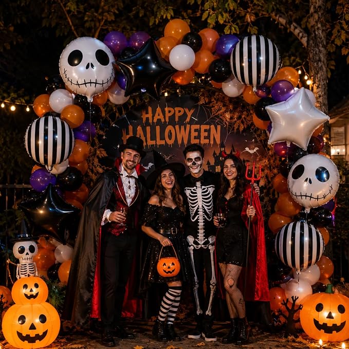 HILAVO 16PCS Black White Striped Skeletons Skull Balloons | Halloween Foil - Image 7