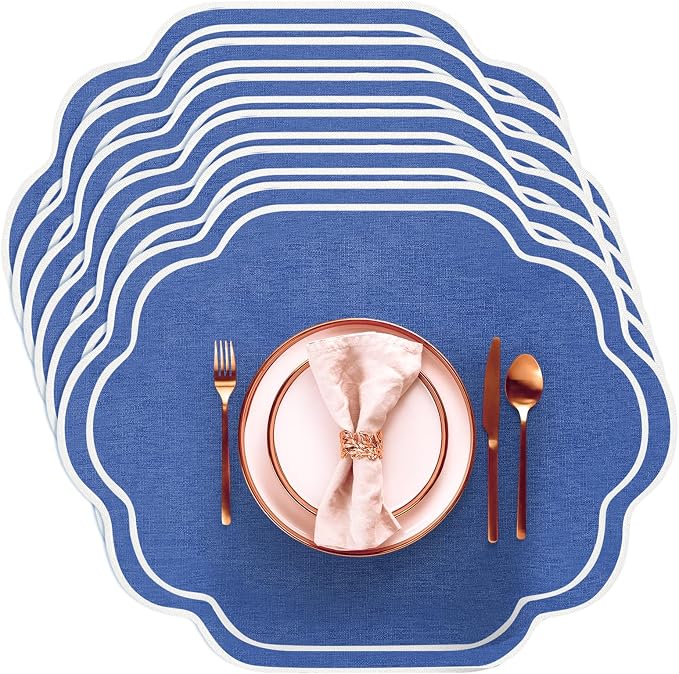 Scalloped Embroidered Placemats, 100% Cotton Linen Double Layered Table Mats by Breling