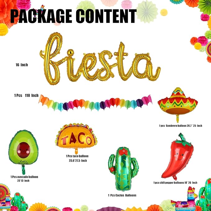 Fiesta Balloons Letter Banner Mexico Taco Cactus Mexican Fiesta Theme Set | - Image 2