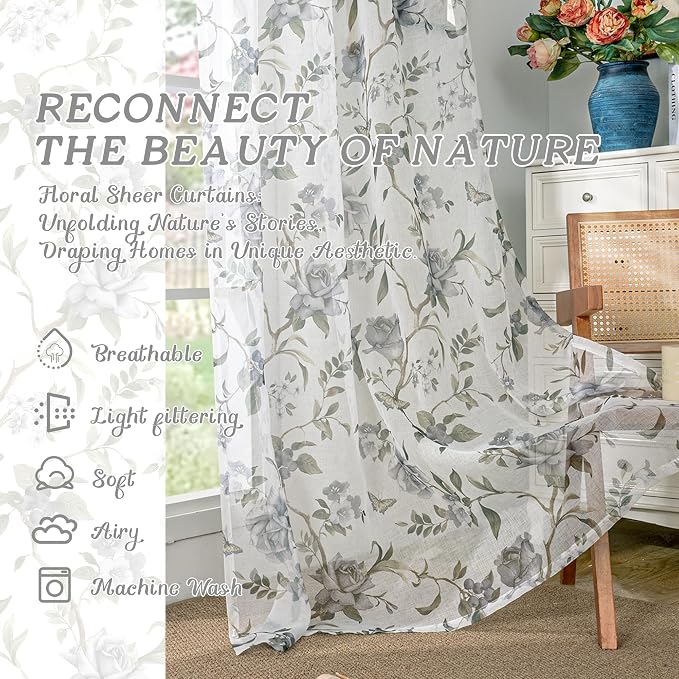 Floral Sheer Curtains for Bedroom Window 72 Inch Length 2 Panels, Farmhouse - Image 2