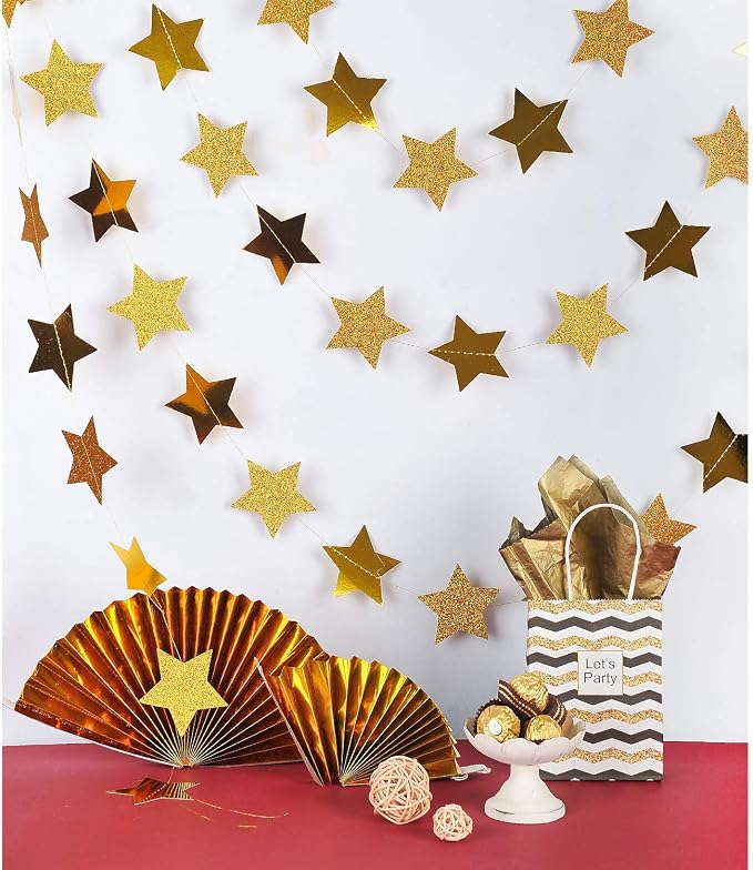 WEVEN Gold Glitte Star Garland Reflective Paper Party Streamers Twinkle Star - Image 4