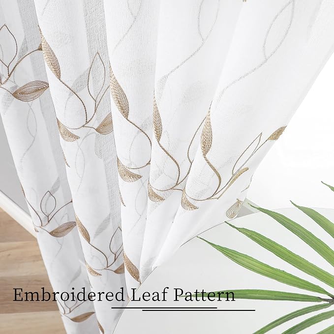 Tollpiz Taupe Leaf Sheer Tier Curtain Kitchen 30 x 36 Inches | Leaves - Image 3