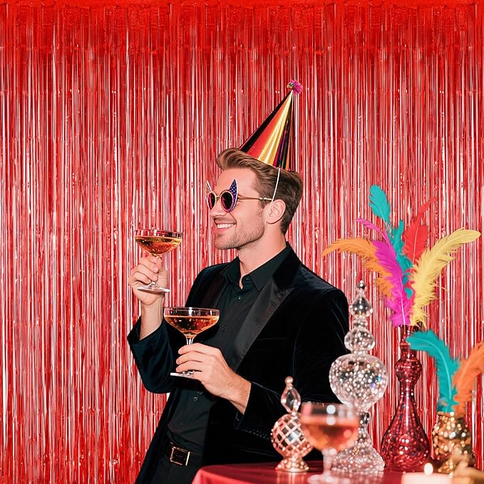 Red Foil Fringe Curtains Tinsel Backdrop - Image 3