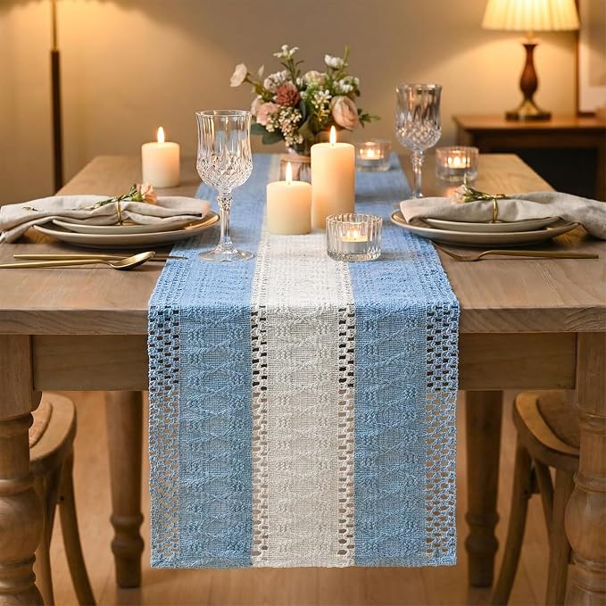 Artoid Mode Sky Blue Farmhouse Woven Table Runner 12x120 Inch | Holiday Rustic - Image 2