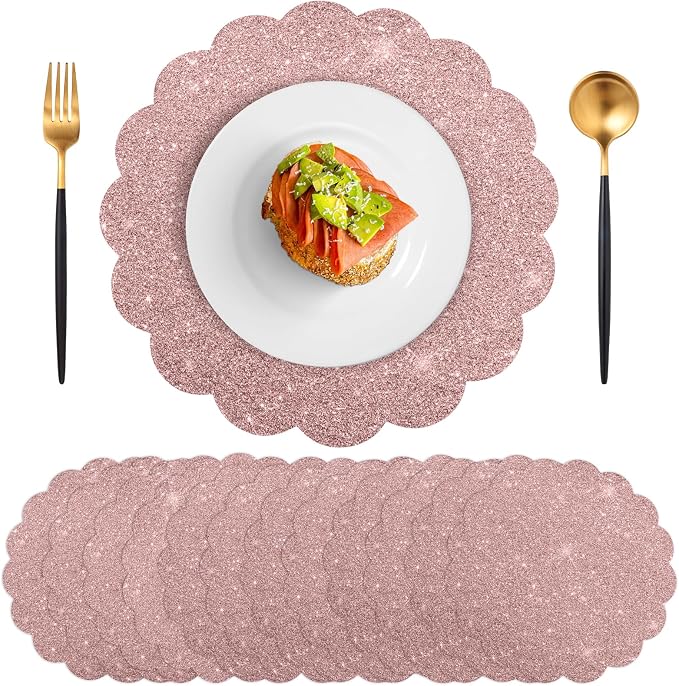 60 Pcs Rose Gold Glitter Paper Placemats, 13.5 Inch Scalloped Table Mats | by NatNarr