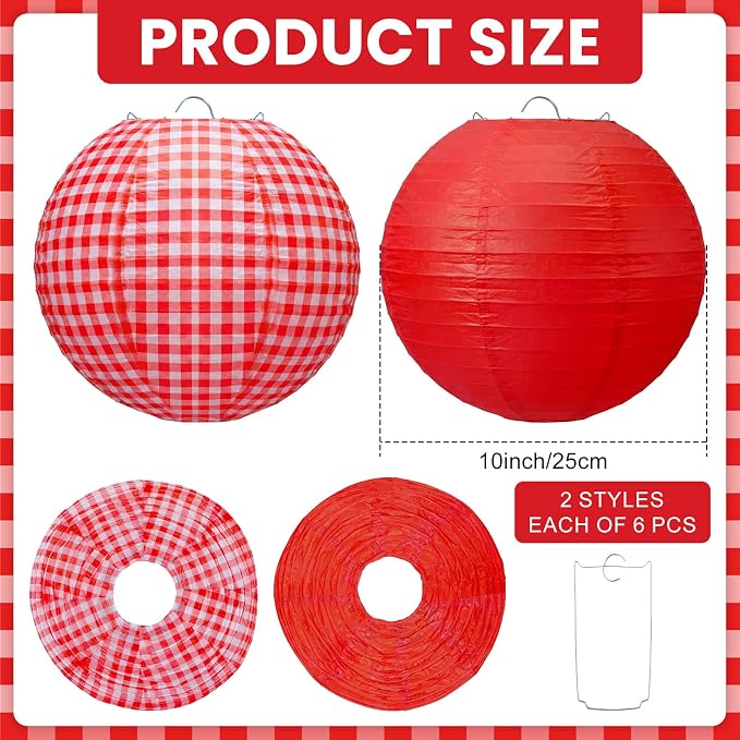 Honoson 12 Pcs Red Gingham Paper Lanterns Picnic Party Decoration 10 Inch - Image 2