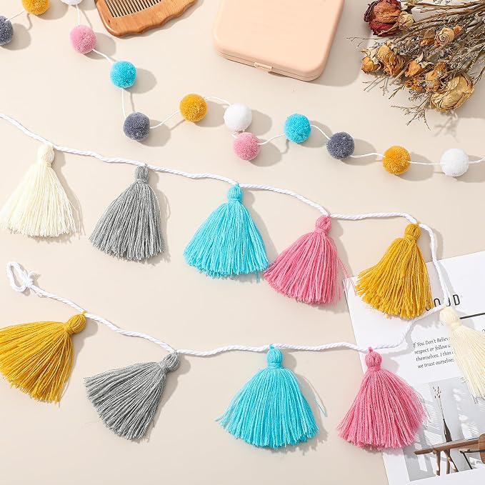 Syhood 4 Pcs Pom Pom Tassel Garland Felt Pompom Ball Banner Tassel Garland - Image 7