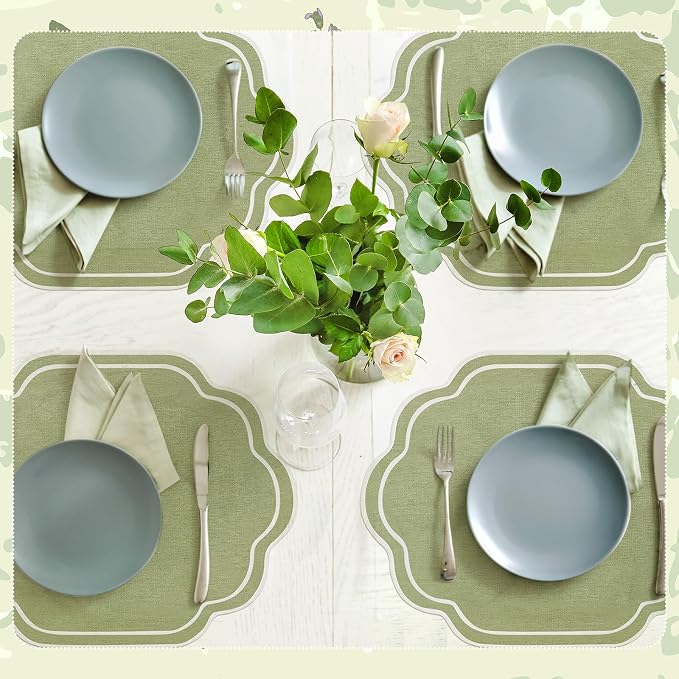 6 Pcs Sage Green Wedding Placemats Scalloped Embroidered Cotton Linen Placemats - Image 4