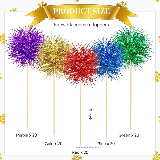 Chinco 100 Pcs Foil Firework Cupcake Toppers Sparkle Tinsel Cake Toppers Cake - Image 2