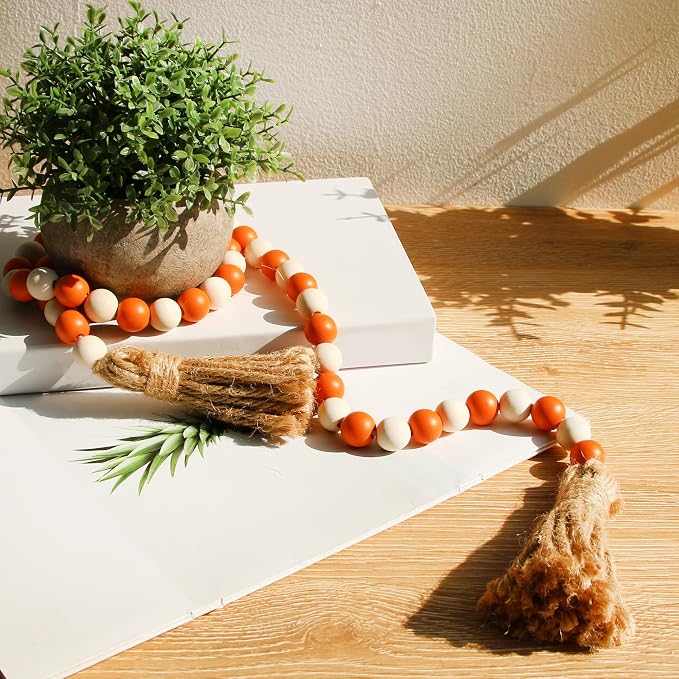 Meplait Wood Bead Garland, 39in Decorative Tassels Garland, Rustic Farmhouse - Image 2