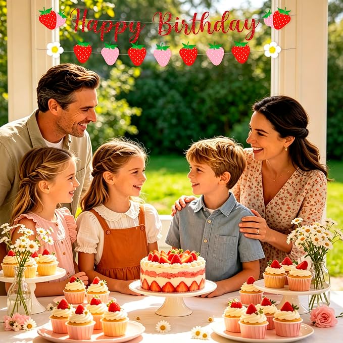 MEETINGU Strawberry Happy Birthday Banner, Strawberry and Flower Themed - Image 4