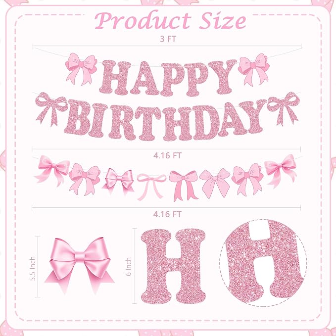 Glitter Pink Bow Happy Birthday Banner Pre-Strung Coquette Birthday Decorations - Image 2